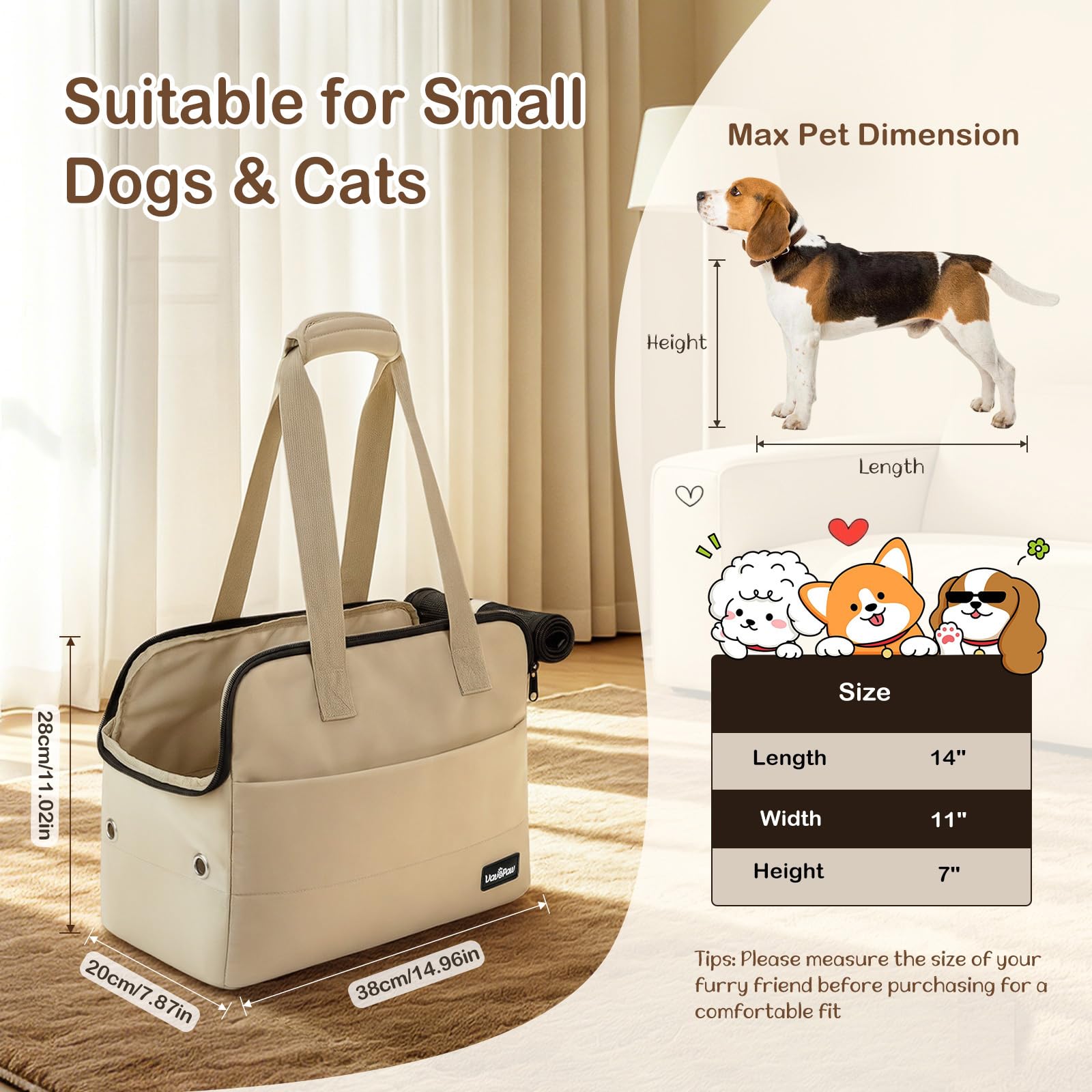 Bolso Transportín para Perros Pequeños, 15" X 11" X 7,9" Transportín De Viaje para Mascotas con Ganchos De Seguridad, Almohadilla De Apoyo Y Múltiples Bolsillos, Transportín Blando para Gatos, Khaki
