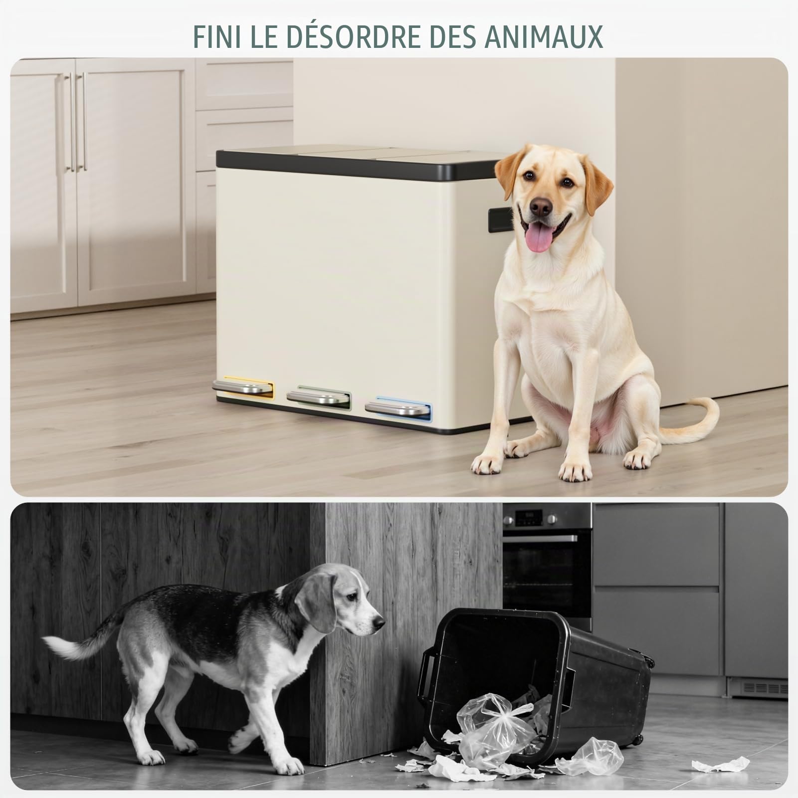 Clevich Système de tri sélectif 3 x 15 l en acier, poubelle à 3 compartiments avec pédales à code couleur, poubelle avec couvercles à fermeture douce et seaux intérieurs, beige