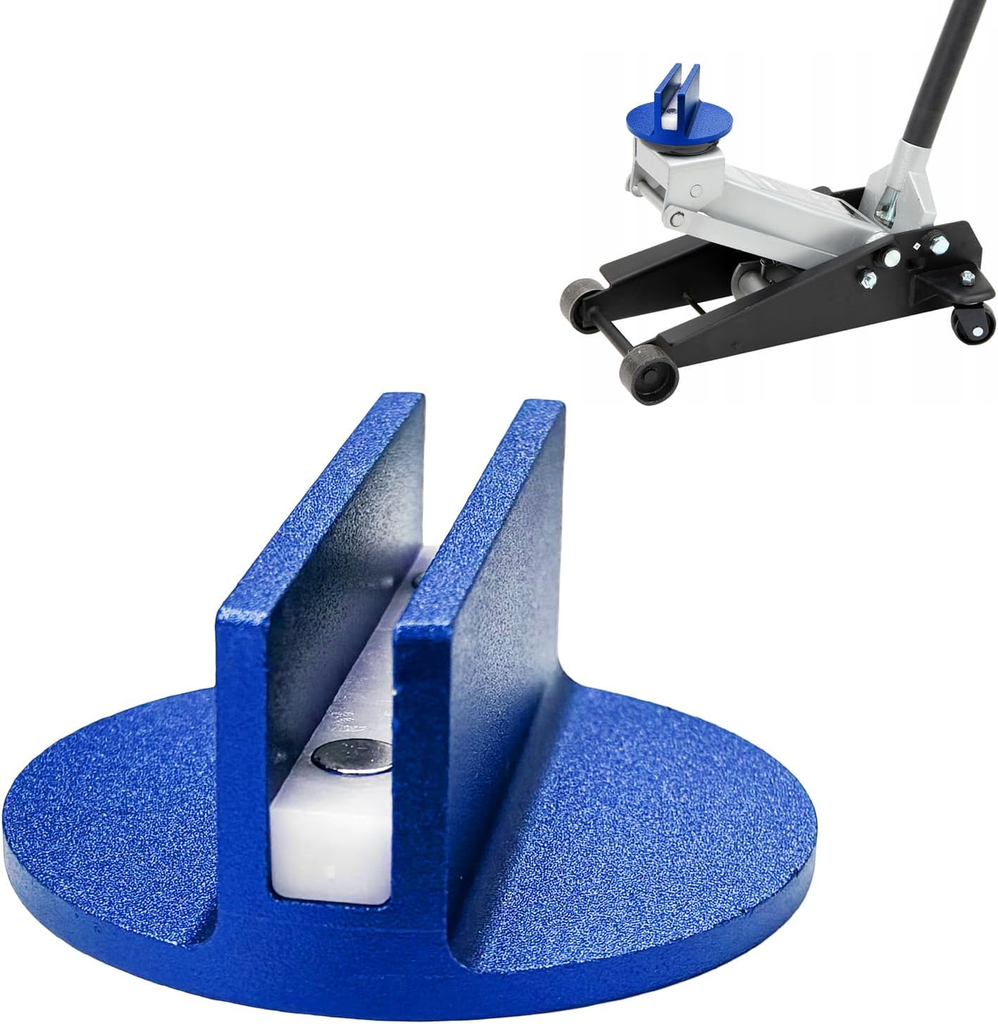 Sun Walker Universal Magnetic Jack Pad, 0.4″ Slotted Heavy Duty Aluminum Grooved Jacking Puck Adapter, Pinch Weld Frame Guide Rail Protector with Large Slot for Most Vehicles (Blue)