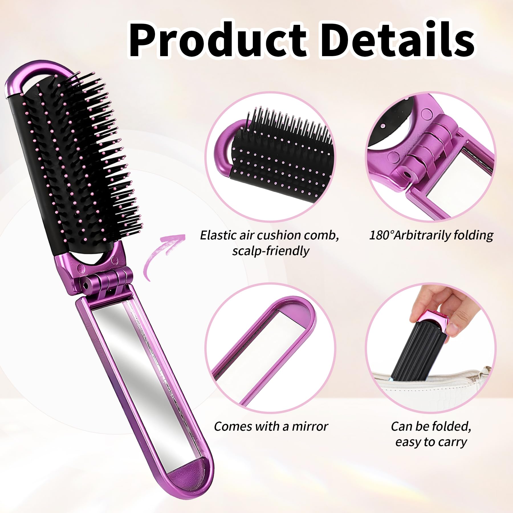 YPYMOD Spazzola per Capelli da Viaggio con Mini Specchio, Pieghevoli Spazzola Pettine per Massaggi Strumenti compatti per Lo Styling dei Capelli per Palestra, Viaggi, Borsa, Nuoto(Viola)
