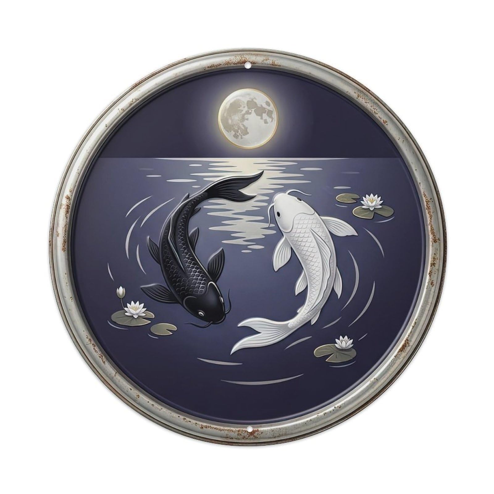 Moonlight Pond Stillness Koi Fish 2 Metal Tin Sign Plaque Wall Decor for Cafe, Club, Garden Round Metal Poster 8x8Inch