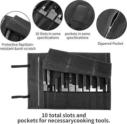 Miniatura 4 de Bolsa enrollable para cuchillos de chef, bolsa de lona encerada, portátil con 10 ranuras para cuchillos de chef con 1 bolsillo con cremallera, puede