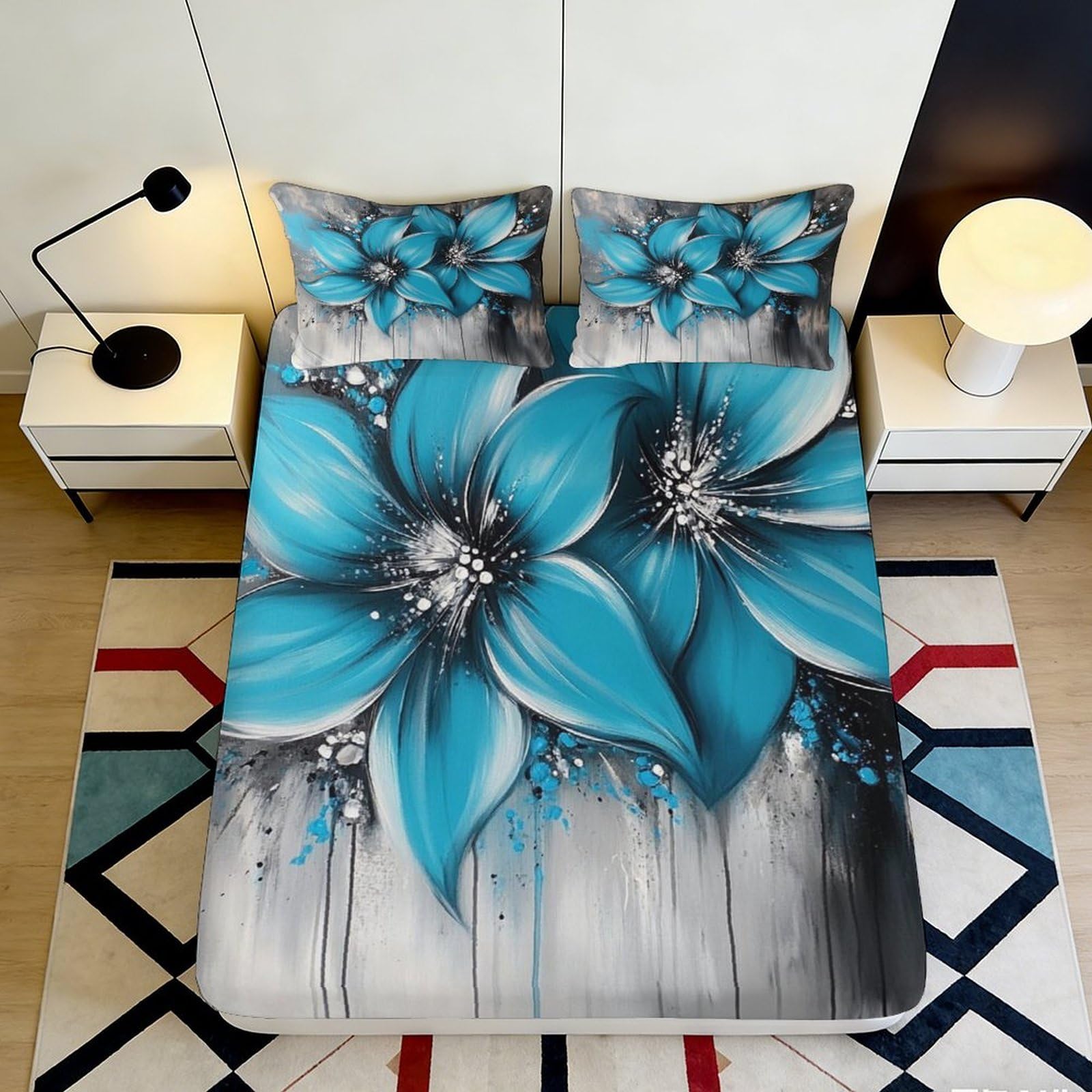 Jqzkxnhpbr Style-4 3D Printed Blue Floral Fitted Sheet Microfiber Soft Breathable Abstract Blossom Bed Cover For Bedroom Guest Room Decor 90X200x25cm