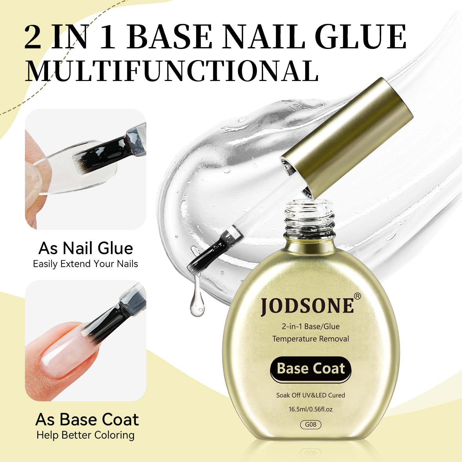 JODSONE Peel off Gel Base Coat,16.5ml No Wipe, Warmly Removable Foundation for Gel Nail Polish & Tips. U V/LED Cured, Long-Lasting, DIY Use