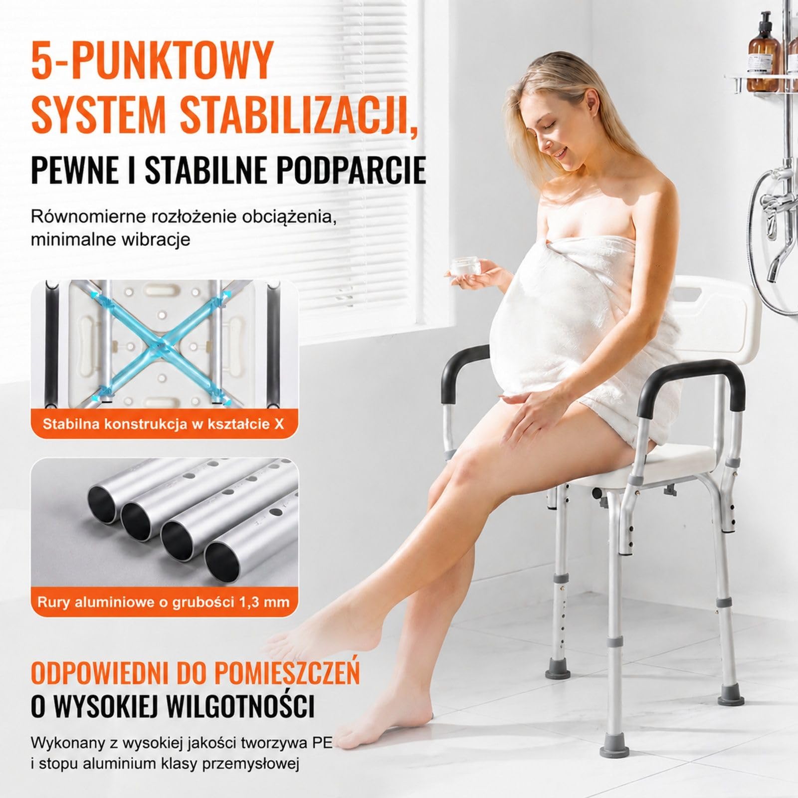 Bialy taboret prysznicowy z regulowana wysokoscia, krzeslo lazienkowe z uchwytem i rama ze stopu aluminium do prysznica i wanny