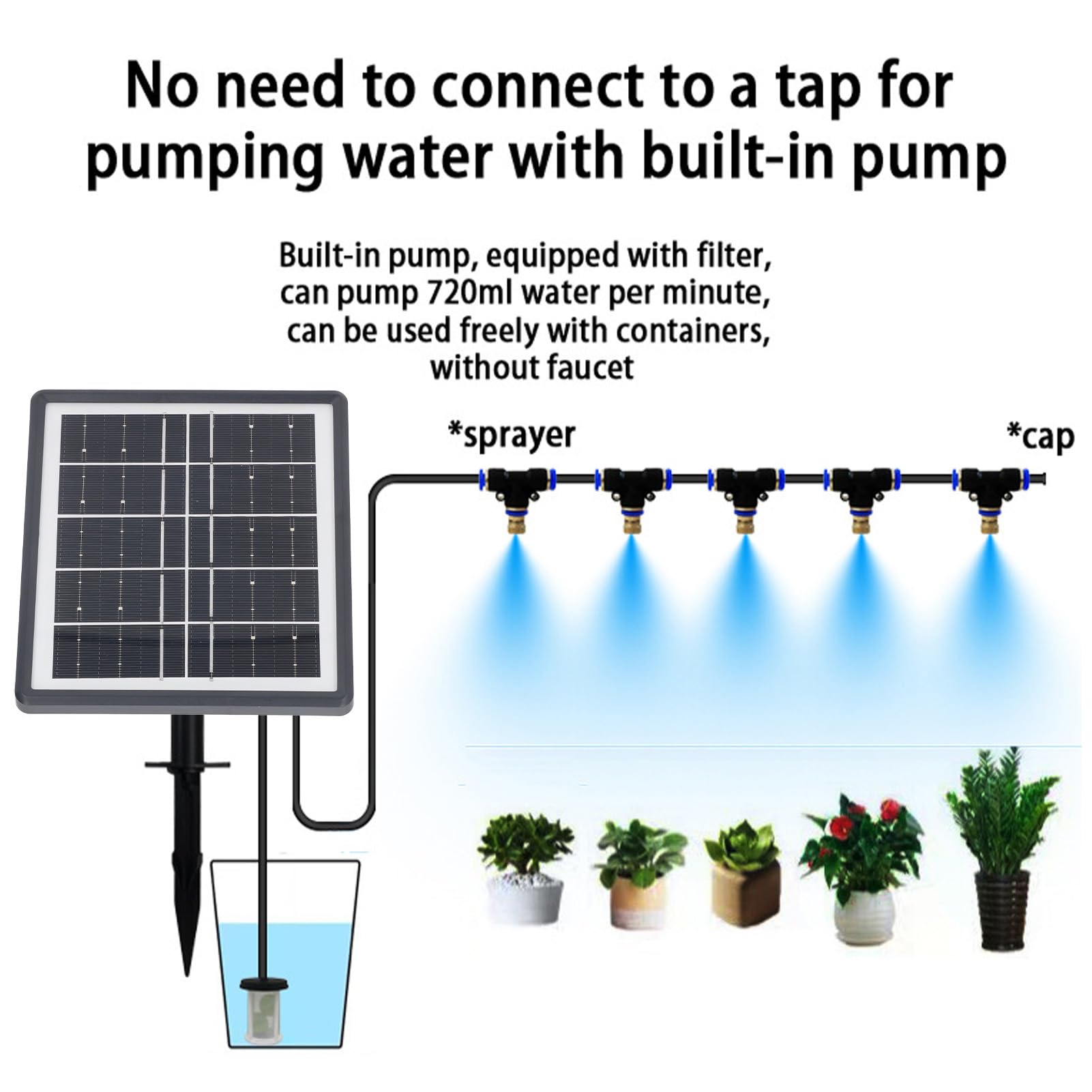 Kit d’irrigation goutte-à-goutte automatique solaire, dispositif d’arrosage alimenté par l’énergie solaire avec 12 modes de temporisation et une valve anti-siphon, compatible avec
