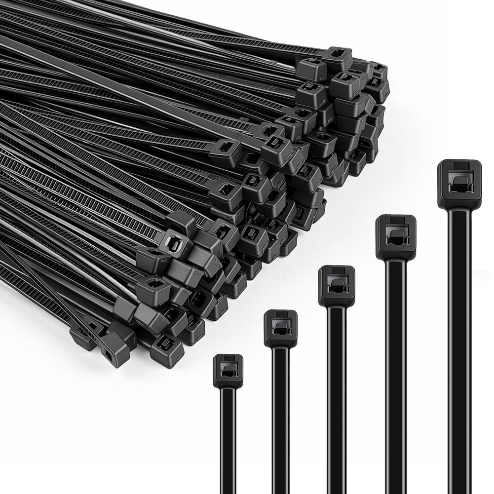 OSDUE Cable Ties Black, 500 Pack 100mm/150mm/200mm/250mm/300mm Zip Ties