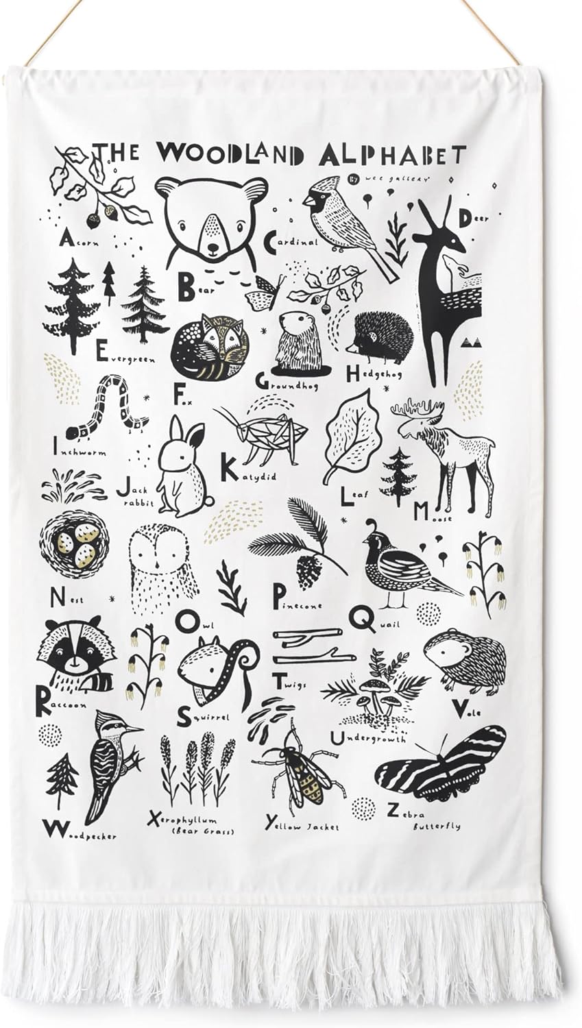 Wee Gallery Woodland Animal Alphabet Tapestry - Organic Cotton Fabric Wall Art Adds Texture and Style to Bedroom, Nursery, or Play Room Decor - Educational Gift for Baby and Kids