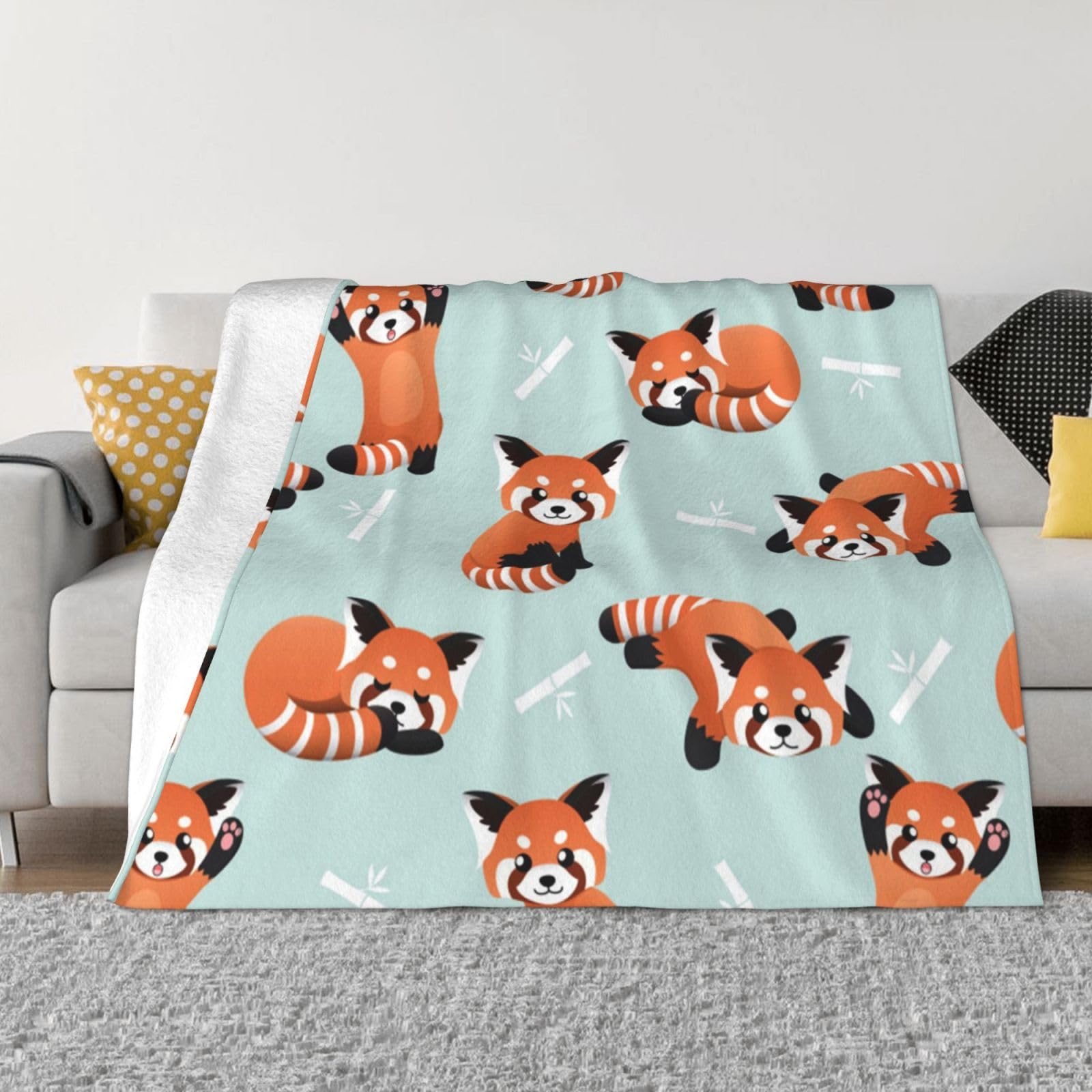 Flannel Throw 60"X50" Inred Panda Fleece Blanket Soft Comfy Pompom Fringe Blanket Throws for Outdoor and Indoor