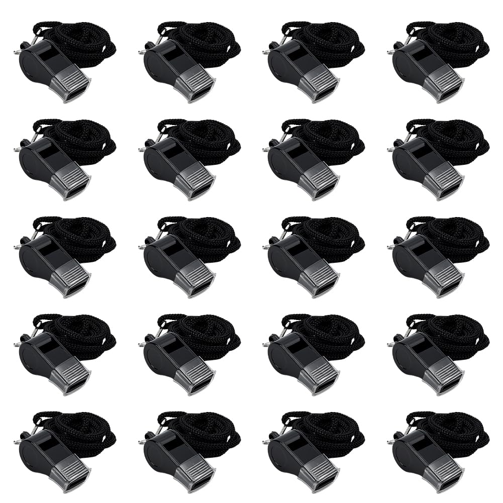 GOMAKERER 20 Pcs Sport Whistles with Lanyard, Black Emergency Whistles Plastic Whistle Loud Referee Whistles Survival Whistle for Referees, Coaches, Outdoor Sport