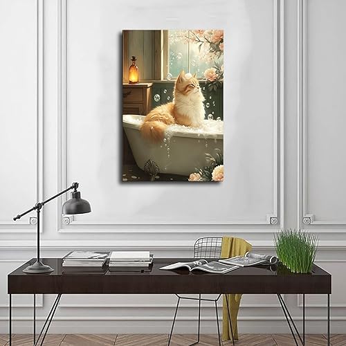 Miniatura 3 de NBLKJHLFD Fun Orange Cat Bathroom, Retro Floral Fun Orange Cat Canvas Poster Bedroom Decor Landscape Office Room Decor Gift 12x18inch(30x45cm)
