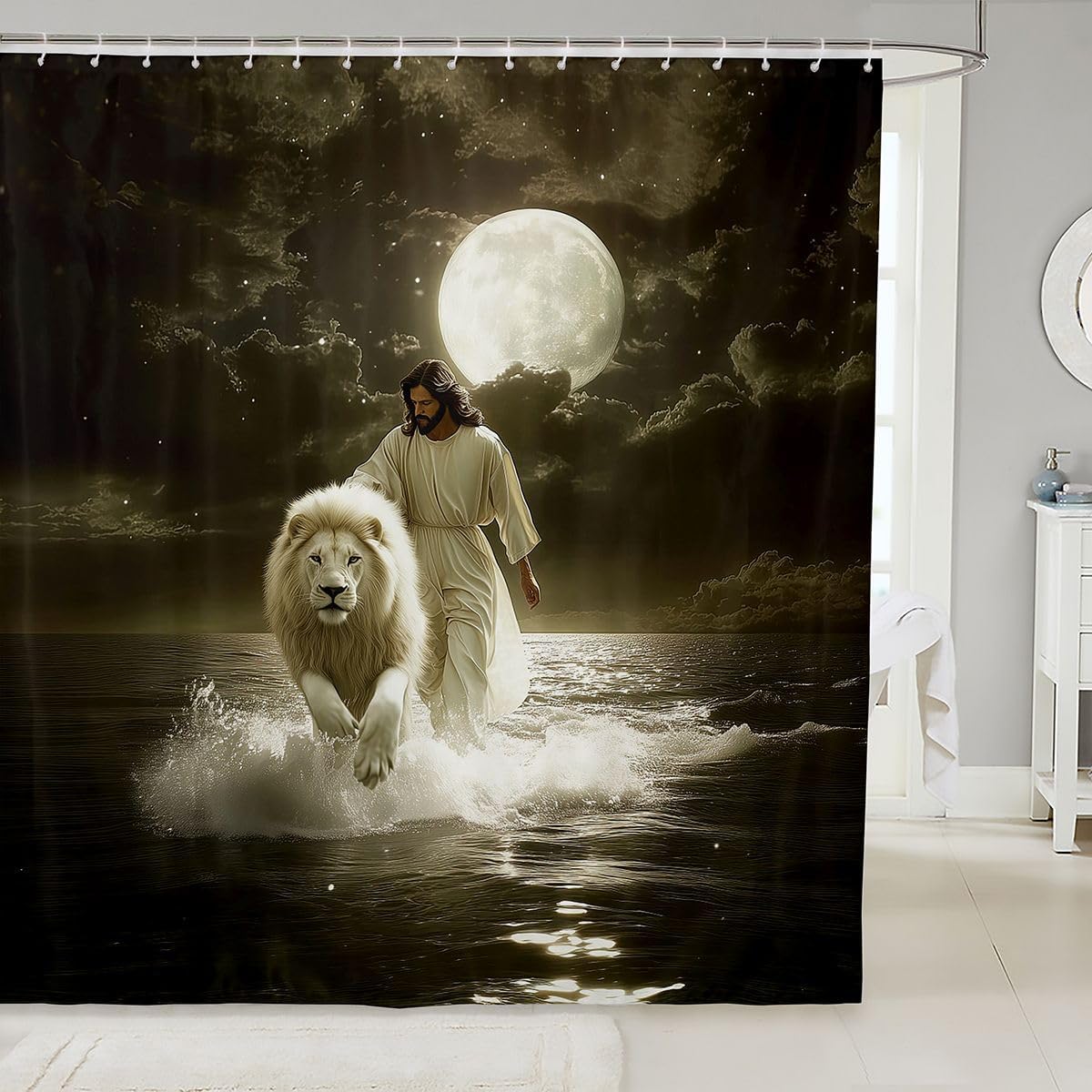 Manfei God Walking on Water Kids Shower Curtains,Western Faith Bible Verse Bathroom Curtain,Modern Artwork Spiritual Home Decor,Dark Gray Waterproof Curtains,12 Hooks Suits,72" W x 84" L