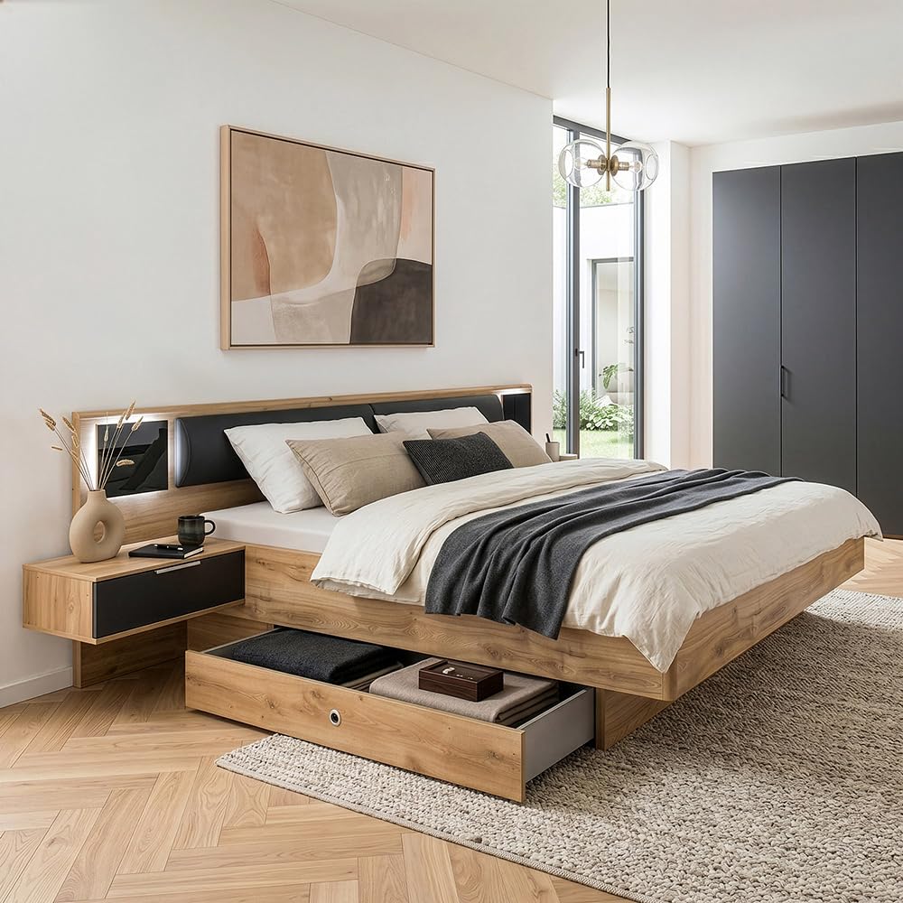 Lomadox Schlafzimmer Doppelbett mit 2 Bettschubladen, 180x200 cm Liegefläche in Eiche und Graphit, inkl. Kopfteilpolster & beleuchtetem Glaspaneel