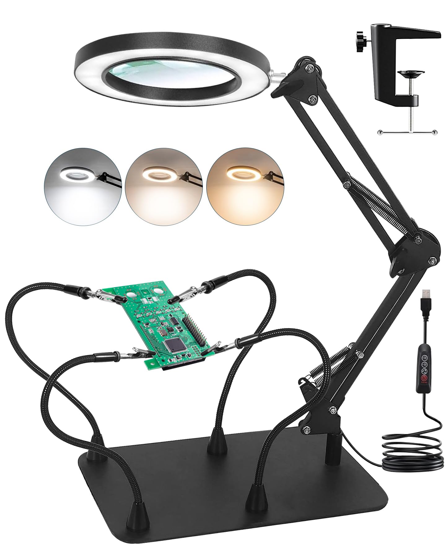 Troisième main - Aide à souder magnétique - Avec loupe 10 x - Station de soudage avec 4 colonnes PCB et 4 bras flexibles - Aide à la soudure pour soudeurs, fabricants de bijoux, artisanat, amateurs