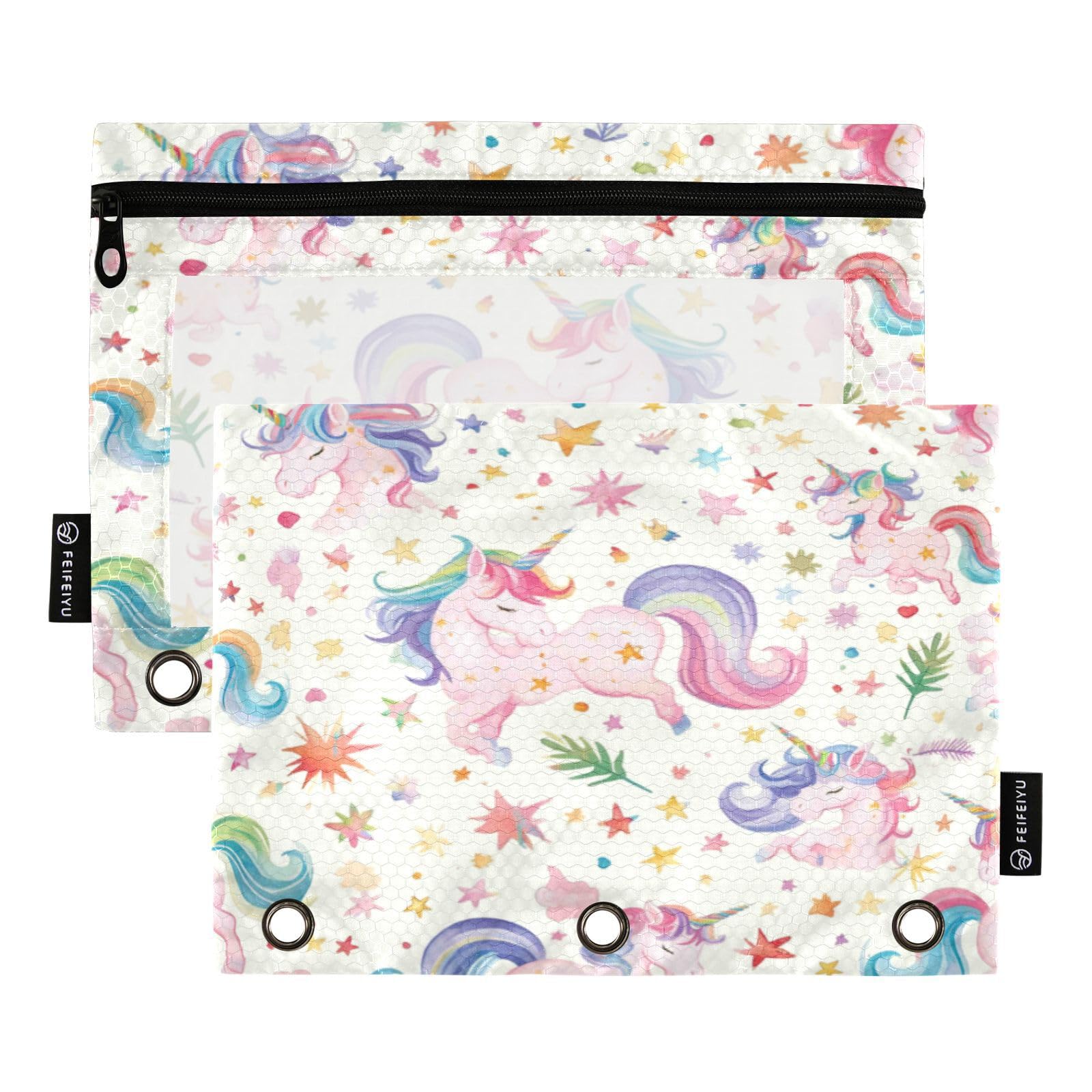 Cute Lovely Unicorns (10) Pencil Pouch for 3 Ring Binder 2 Pack Binder Pouches Clear Window Zipper Pencil Case Cosmetic Bags Organizer College for Kids School Office
