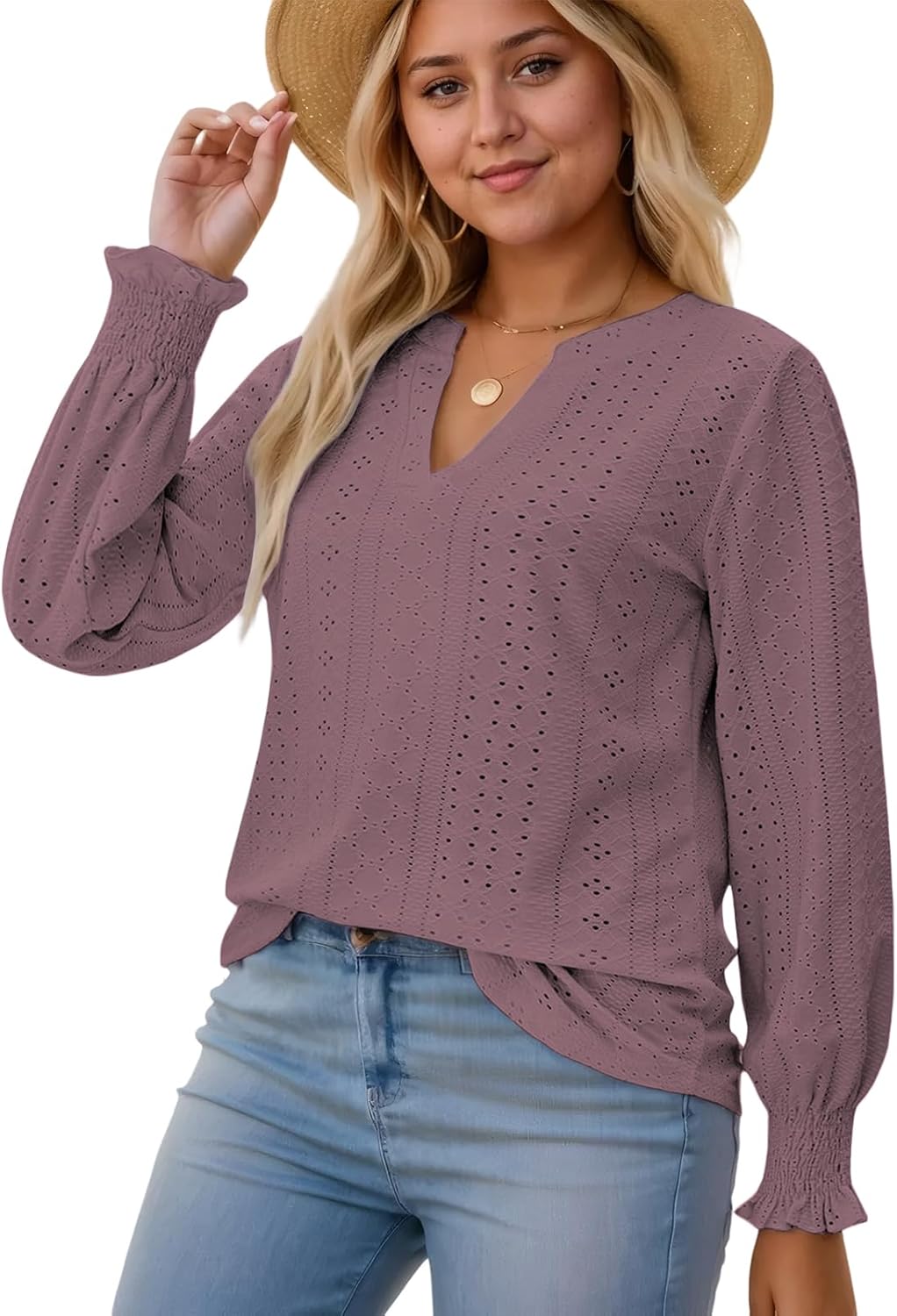 VISLILY Womens-Plus-Size-Tops Cute Ruffle Long Sleeve Shirts Trendy Casual V Neck Tunics Dressy Eyelet Work Blouses XL-5XL - Image 2