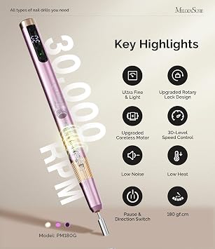 MelodySusie Pen-Shaped Ultra-Slim Cordless Nail Drill,PM180G 30000RPM Portable Rechargeable Electric File with Rotary Lock Design for All Manicure,Shaping & Acrylic Gel Removal for Advanced Home Use