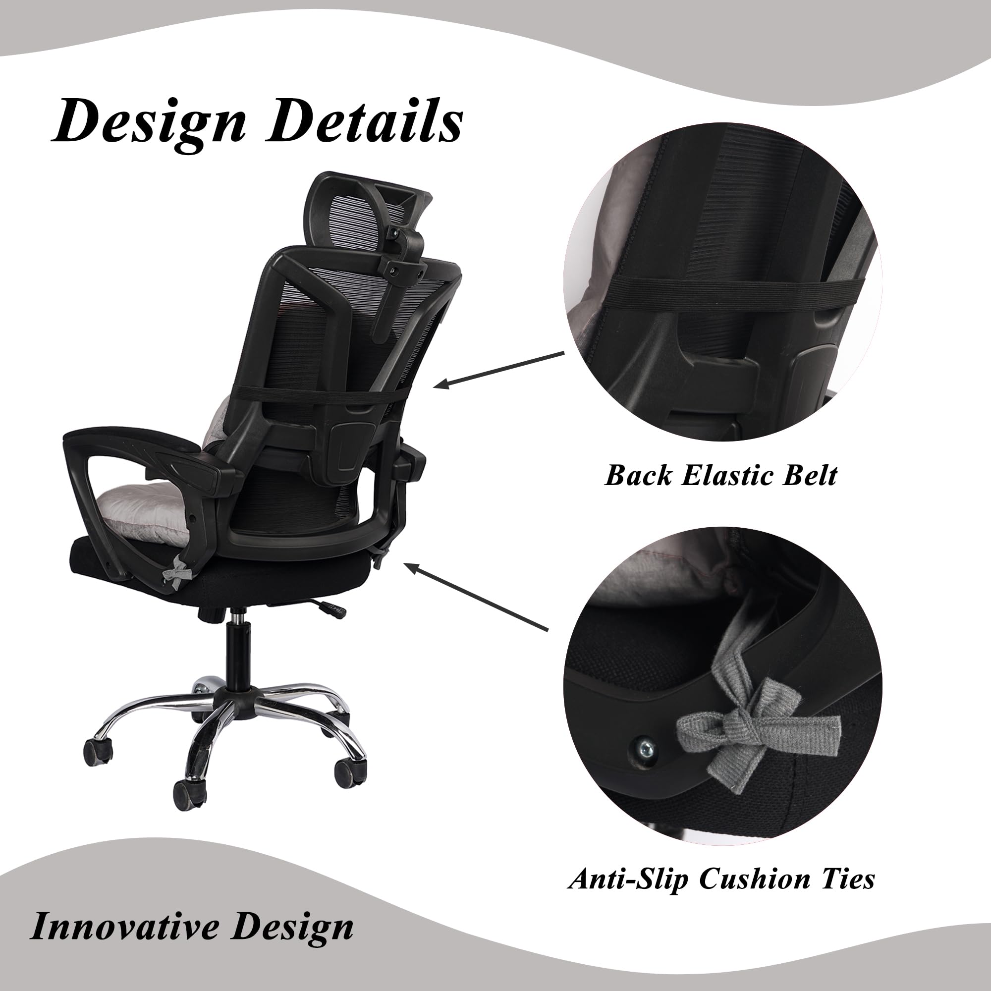 FlyGulls Office Chair Cushion with Back Elastic Belt One-Piece Soft Seat Cushion for Office Plush Anti-Slip Chair Pads with Ties for Dorm Desk Seat 40X40X8 cm (Light Grey) - Image 4