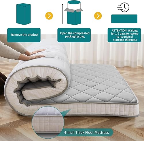 Miniatura 4 de SUNYRISY Colchón de futón japonés, colchón enrollable de 4 pulgadas de grosor, tapete de tatami para dormir, plegable y portátil, cama de suelo,