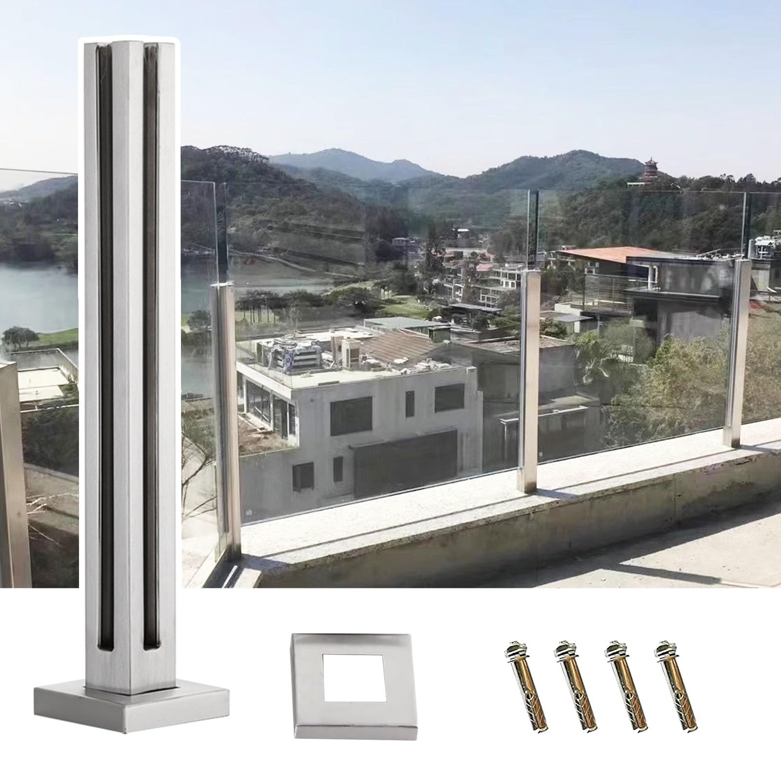 Barandilla de vidrio y acero inoxidable cuadrada plateada de 115 cm para balcón y terraza
