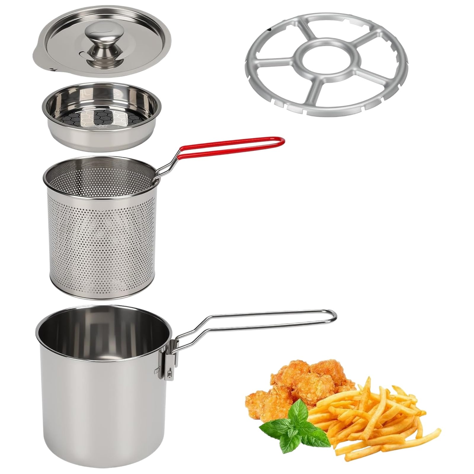 Fryer Pot with Basket, 1.2L Mini Stainless Steel Oil Fryer with Strainer Lid and Clip, Multifunctional Small Frying Pan with Long Handle for French Fries, Fish, Chicken (3 PCS)
