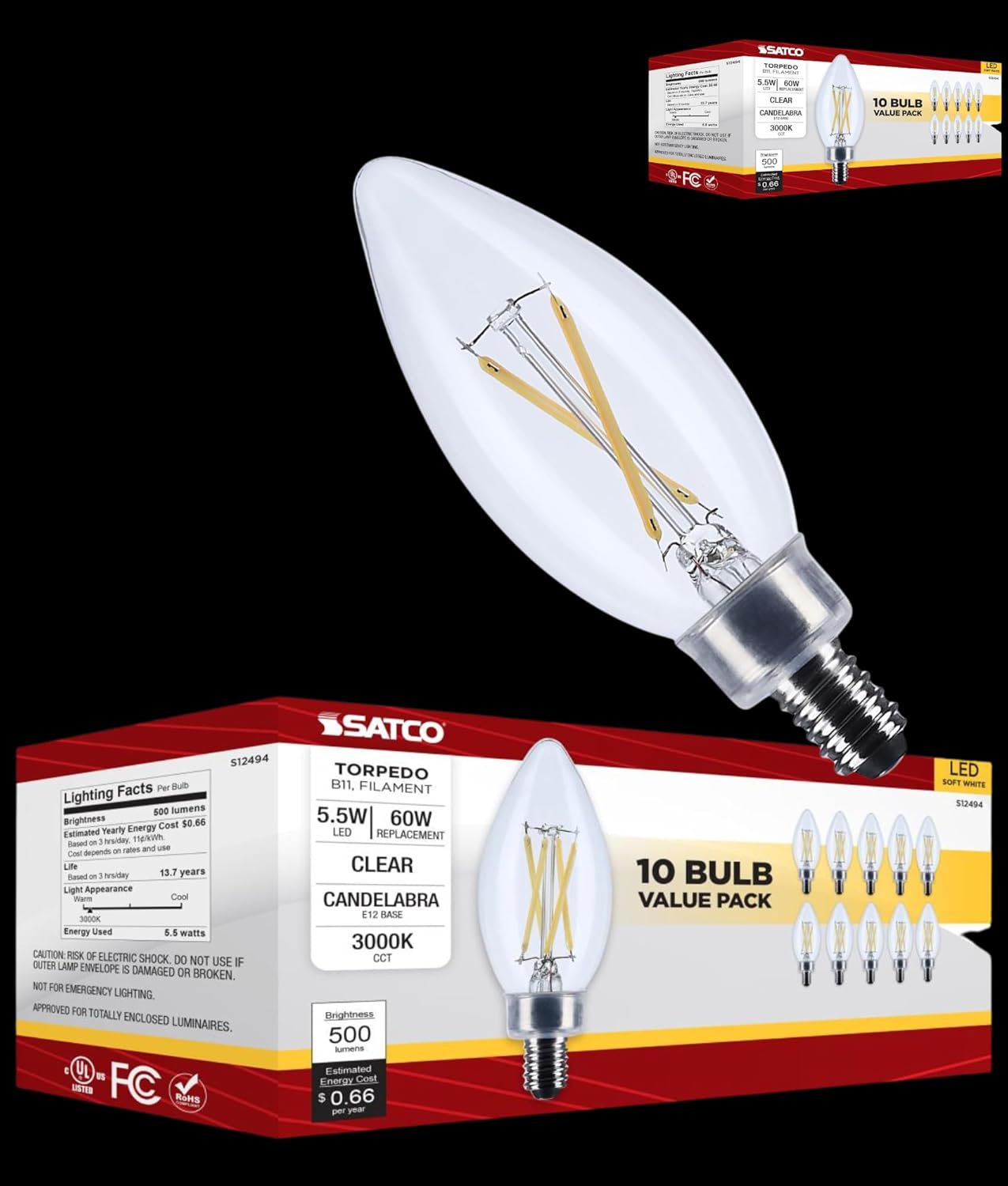 Satco 5.5W LED B11 Candle Light Bulb 3000K Soft White 500 Lumens Clear Finish E12 Candelabra Base Dimmable 300 Degree Beam Enclosed Fixture Rated Wet Location 120V 20-Pack S12494