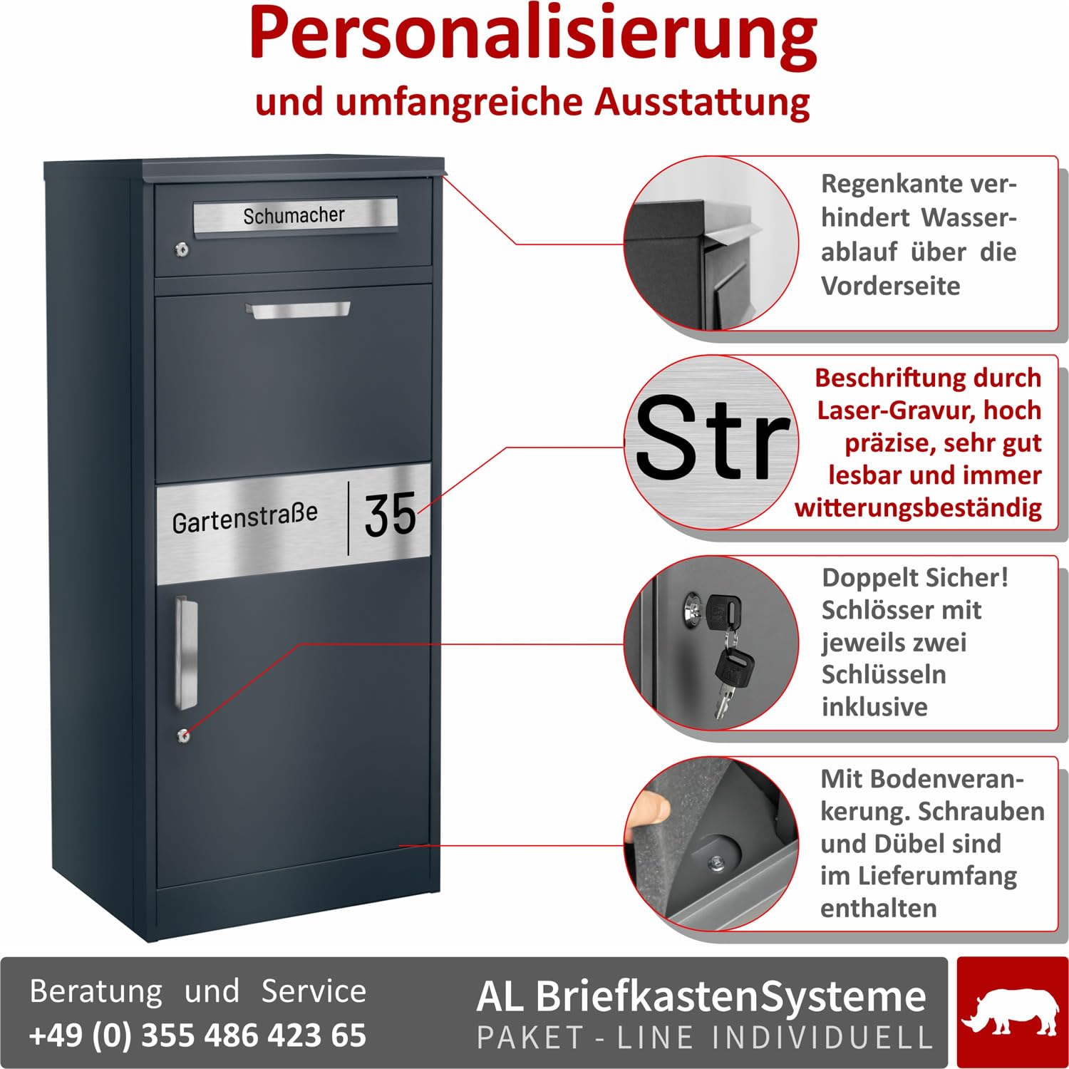 AL Paket-Line - Briefkasten mit Paketfach groß XXL wetterfest mit Namensgravur Paketbriefkasten freistehend drinnen und draußen rostfrei Anthrazit RAL 7016 Paketbox modern massiv mit Rückholsperre