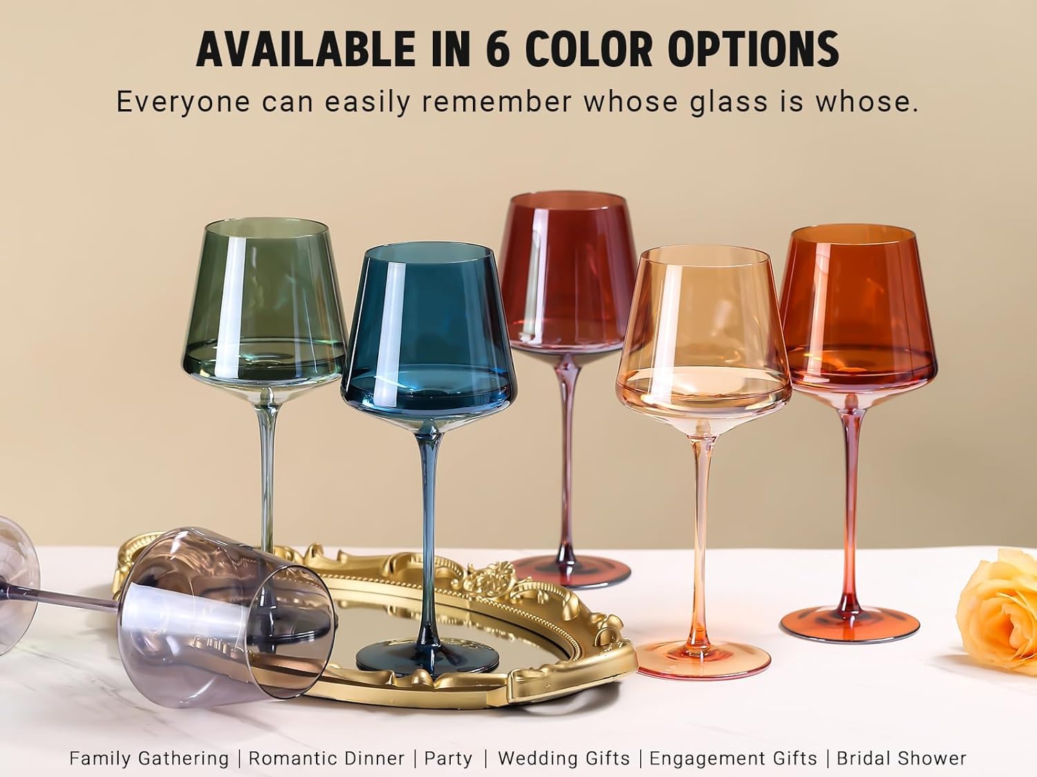 comfit Colored Wine Glasses Set of 6-16oz Hand Blown Crystal Colorful Glassware with Long Stem, Multicolor Glassware for Wine Lovers, Anniversary, WeddingGifts for Women