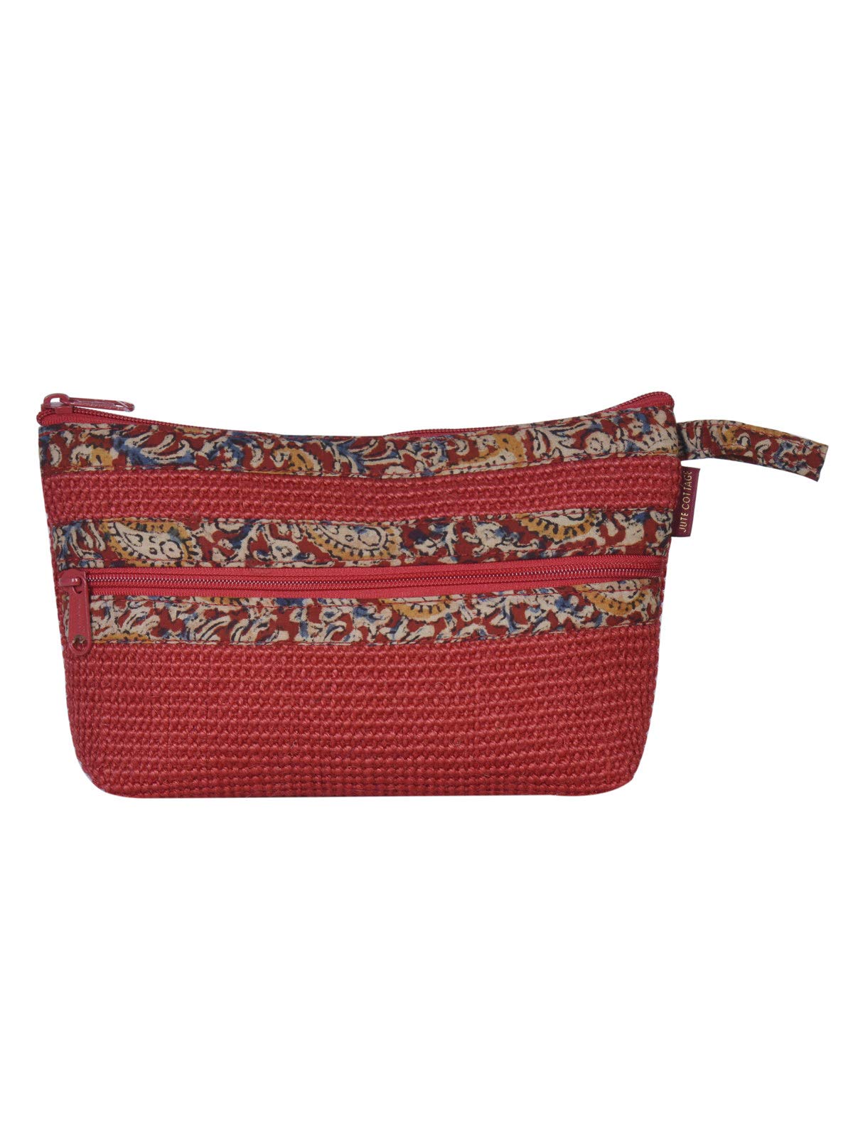 Jute Cottage Eco-Friendly Dobby Kalamkari Pouch 2 Zip Small Red Jute-image-22