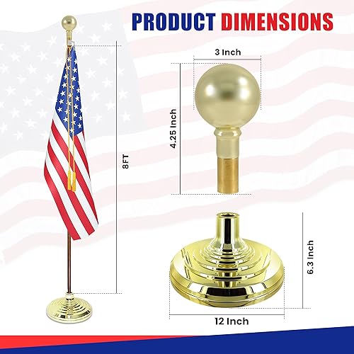 Vista 32 de Super Tough Kit de mástil de bandera para interiores de 8 pies – Águila de metal – Base de textura dorada – Mástil de aluminio con acabado de latón