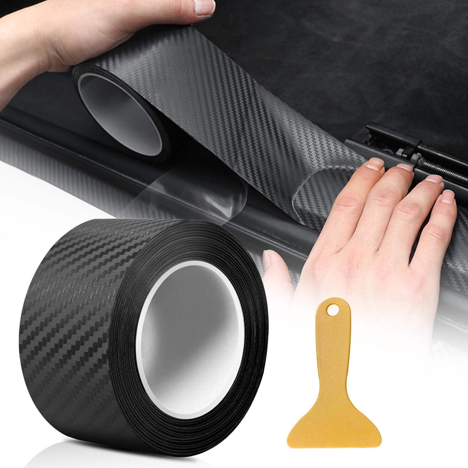 pangdapengpeng Car Sill Protectors Strips, 5 cm x 5 m Carbon Fibre Vinyl Wrap, Self Adhesive Car Door Sill Protector with Plastic Scraper, Suitable for Most Cars Such as SUV and Sedan (Black)
