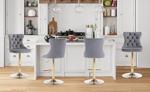 Miniatura 47 de Aoowow Juego de 2 taburetes de bar giratorios ajustables con respaldo de terciopelo copetudo, sillas de bar modernas tapizadas con cabeza de clavo