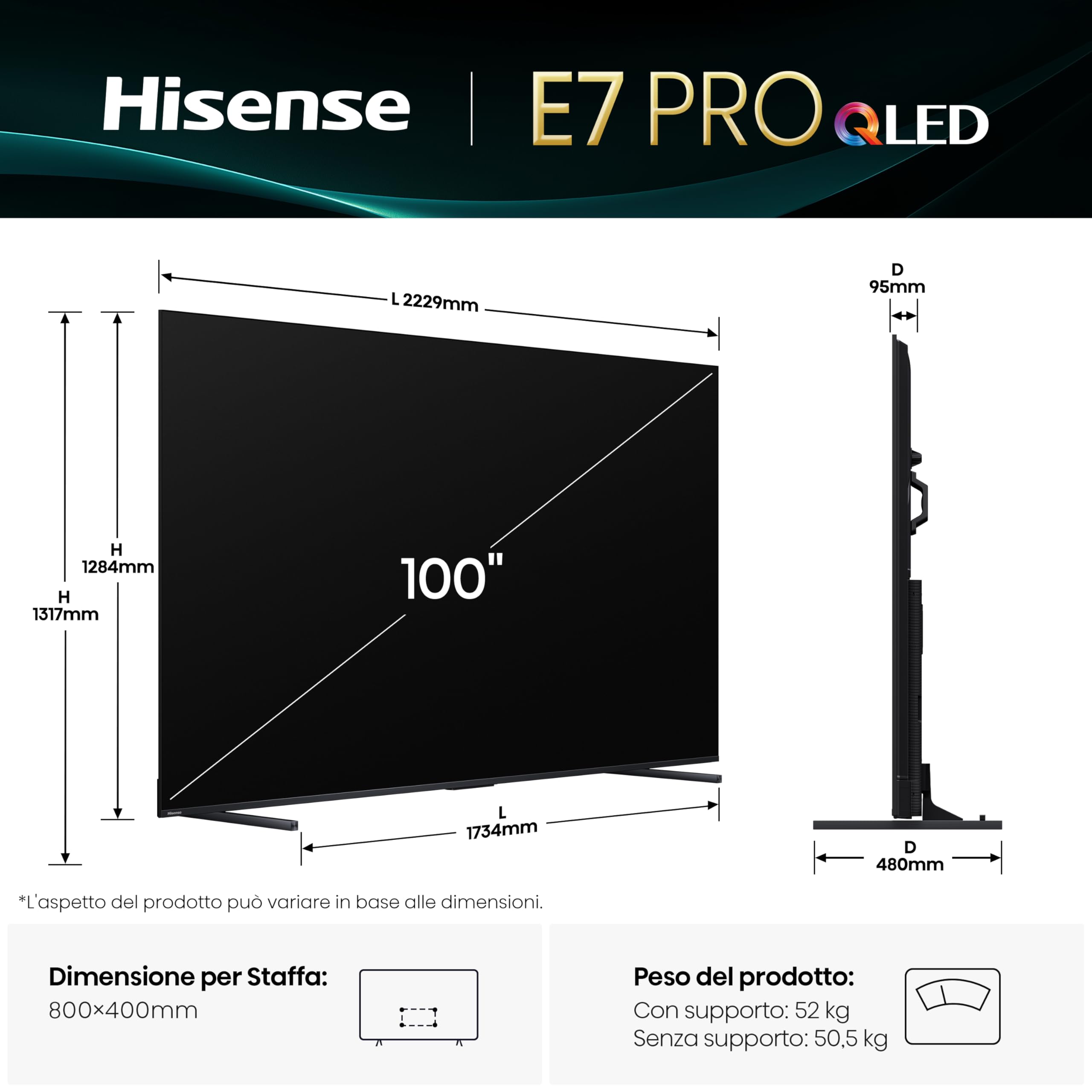 Hisense TV 100" QLED 4K 144Hz 100E7Q PRO, Smart TV VIDAA U8, Dolby Vision IQ, HDR 10+ Adaptive, 144hz Game Mode PRO, Dolby Atmos, Alexa Built-in, VIDAA Voice, Tuner DVB-T2/S2 HEVC 10, lativù 4K, 2025