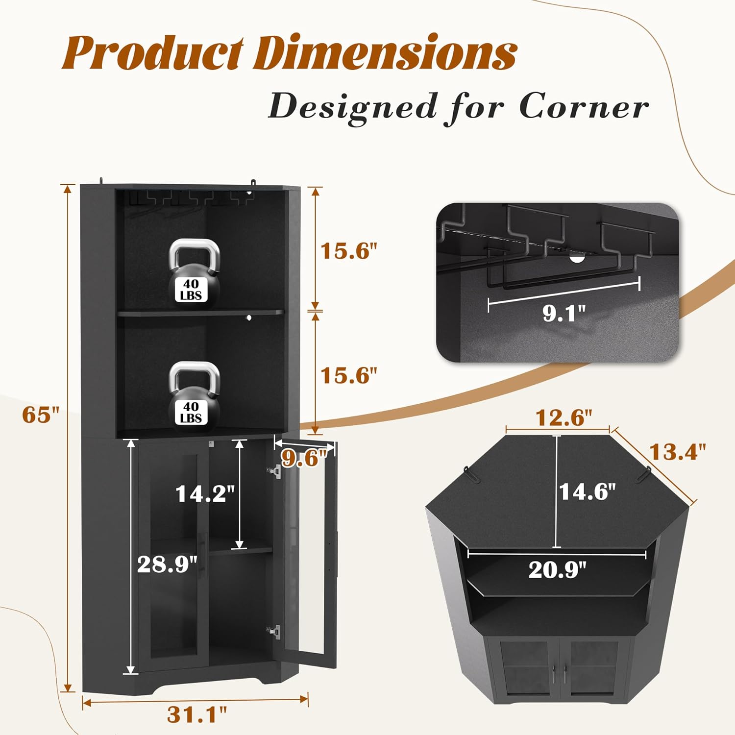 TITIMO 65" Tall Corner Wine Bar Cabinet with LED Lights, 4-Tier Liquor Display Cabinet with Glasses Holders, Modern Bar Cabinet with Tempered Glass Door and Adjustable Shelf for Dining Room, Black