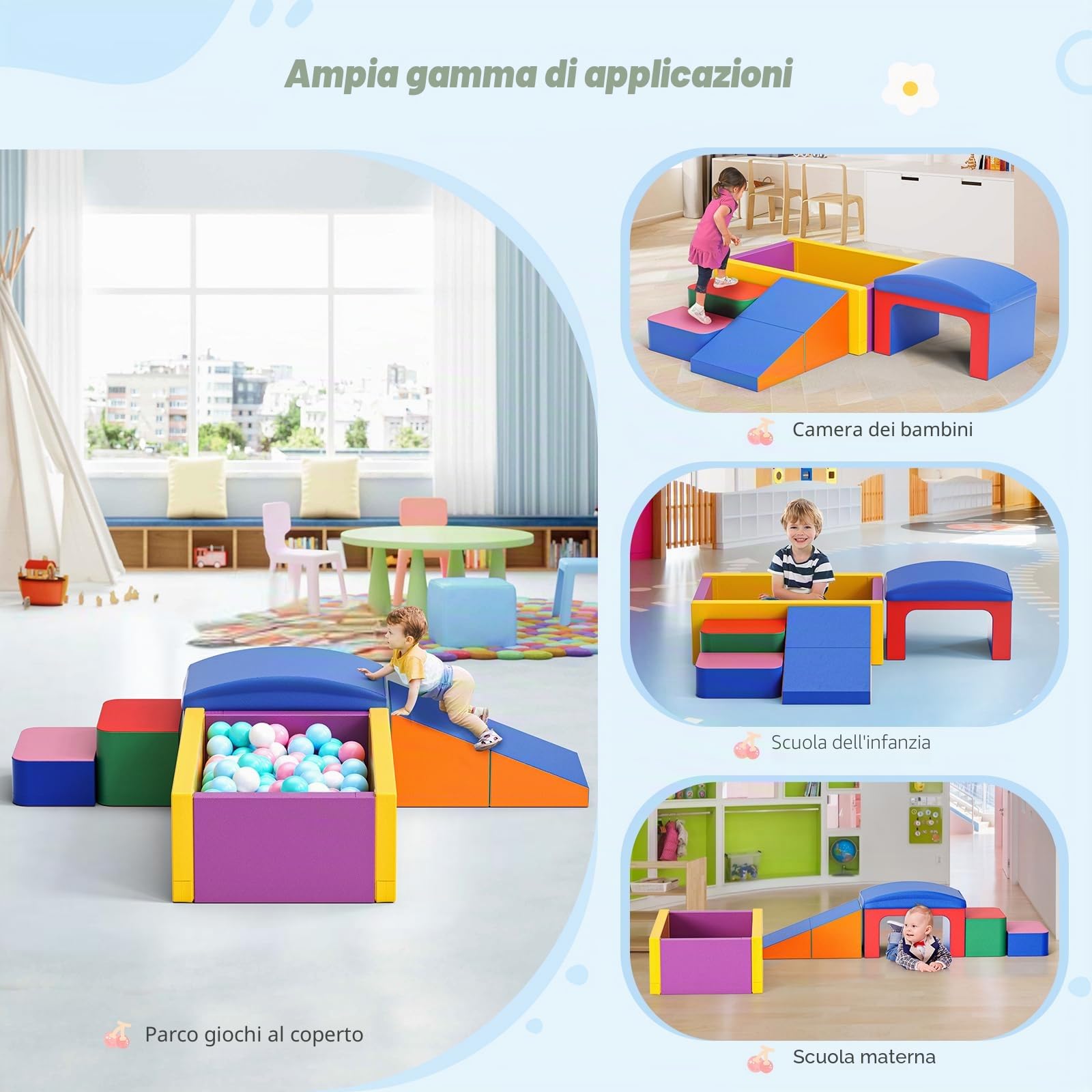 Blocchi da Arrampicata Morbidi in Schiuma con Piscina di Palline – Set da 8 Pezzi per Interni – Giocattoli Sicuri per Gattonare e Arrampicarsi Neonati e Bambini(Colore)
