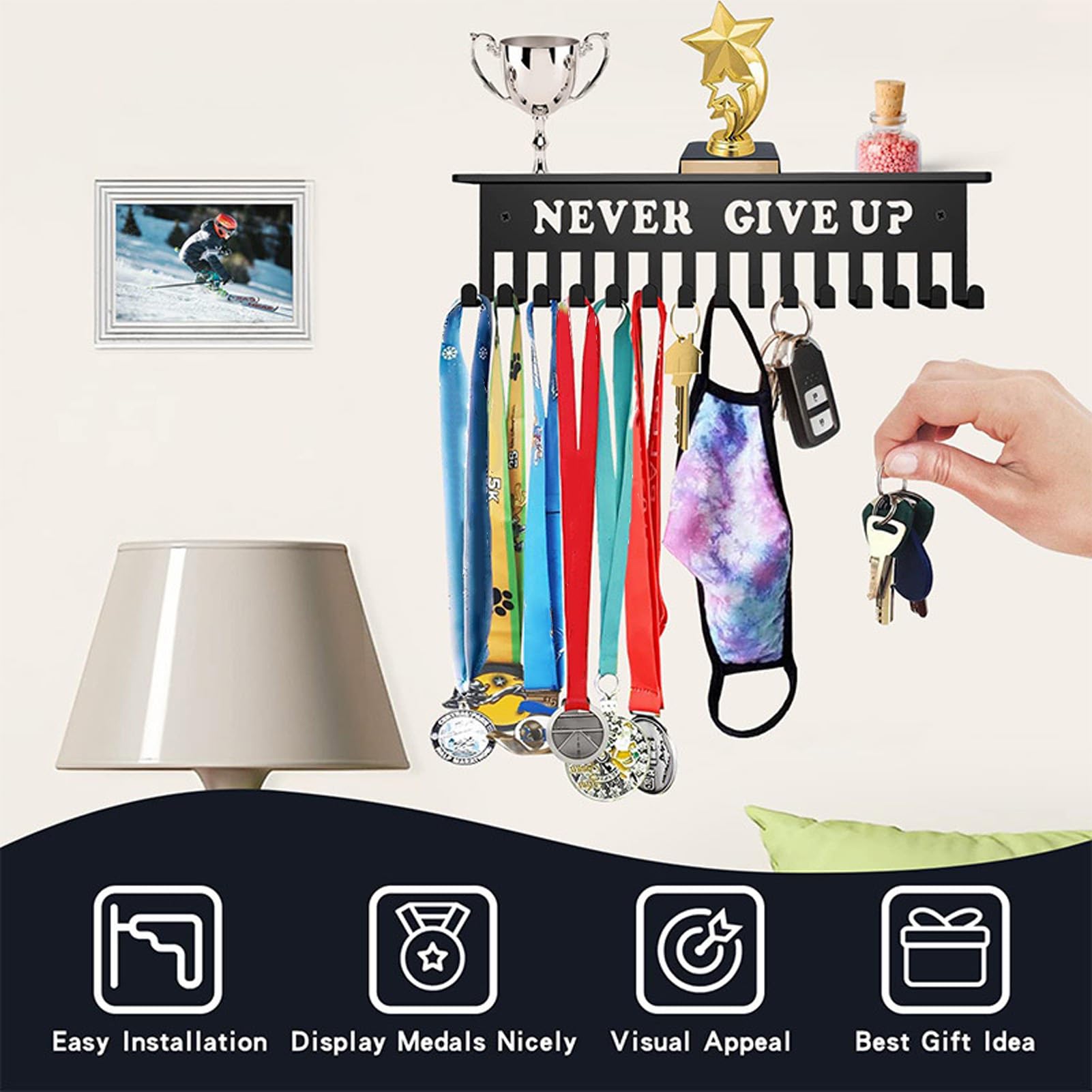 Medal Display Hanger with 15 Hooks, Medal Holder Display Hanger, Never Give Up, Wall Mount Steel Frame Over 90 Medals, Medal Hanger Display Holder Rack for Running Race, Soccer