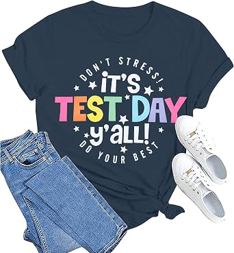 MOUSYA Teacher Shirts Women Testing Shirts for Teachers Funny Test Day Graphic Tee School Teach Casual Short Sleeve Tops