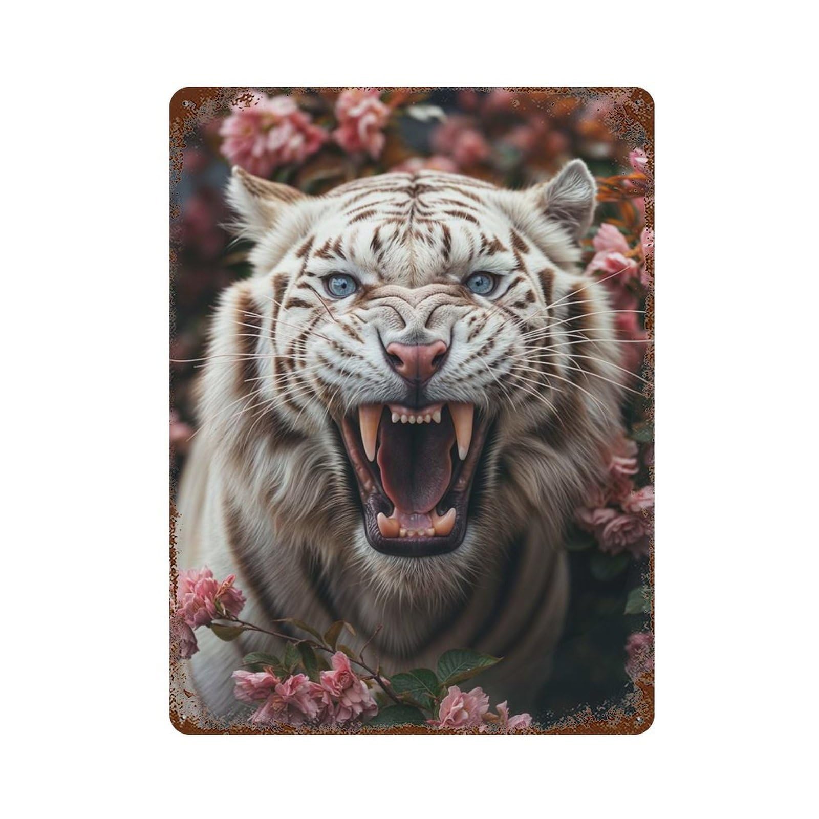 White Tiger Roaring Rusty Metal Tin Sign 15.7"x11.8", Vintage Wall Decor for Garage, Pub Or Kitchen
