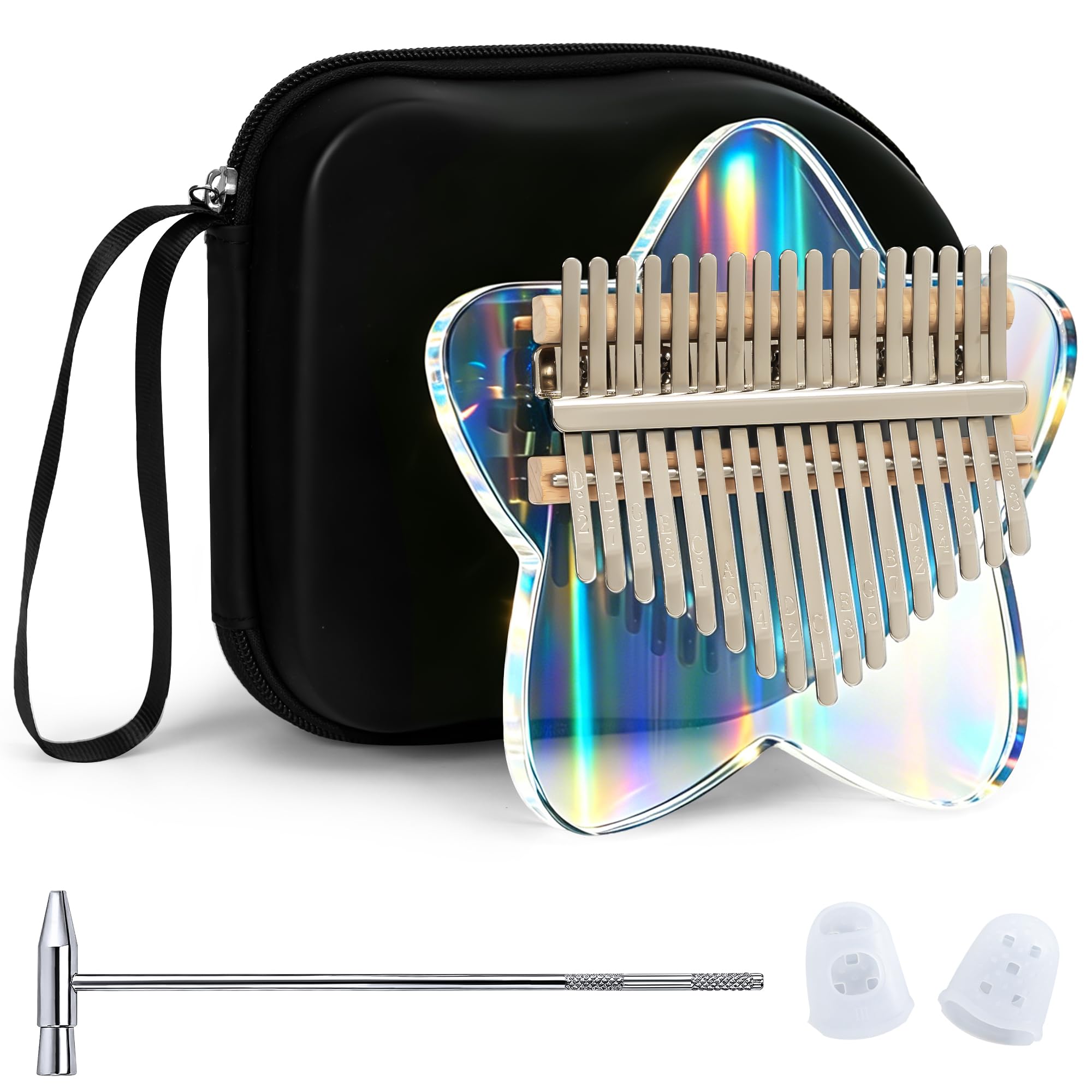Rainbow Star Kalimba en acrylique 17 touches, piano à doigt Mbira portable avec étui de protection EVA, marteau d'accordage, instructions d'étude, cadeau musical pour adultes débutants