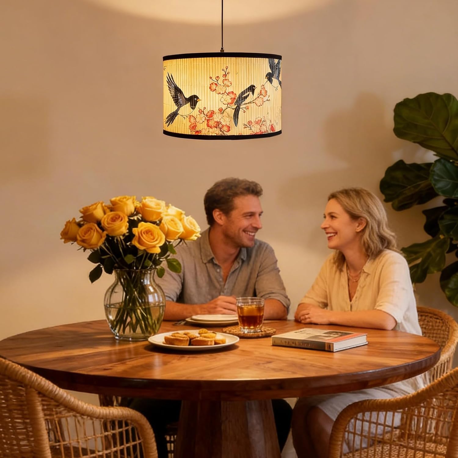 Bamboo Shades，E27 11.8×11.8×7.9inch Bamboo Lampshade,Featuring Tropical Motifs and Floral-Bird Designs.For Replacing Lampshades on Chandeliers and Floor Lamps.