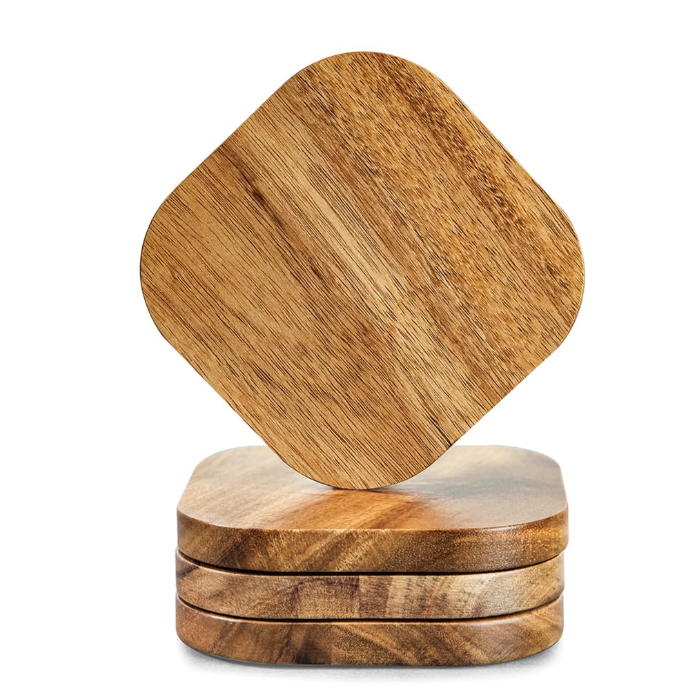 Untersetzer Holz für Gläser 4er Set, 10x10cm Akazienholz Glasuntersetzer ohne Getränkehalter für Getränke, Bar, Tassen, Glas, Tischschutz für jeden Tischtyp