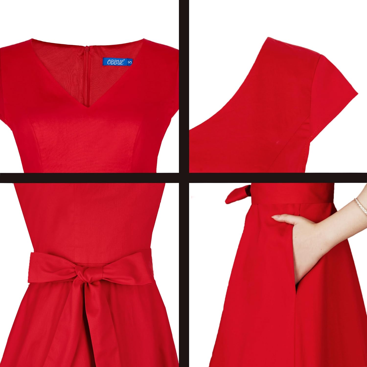 OBBUE Women's Vintage Cocktail Dresses V Neck 1950s Dresses Homecoming Party Short Sleeves Dress with Pockets - Image 5