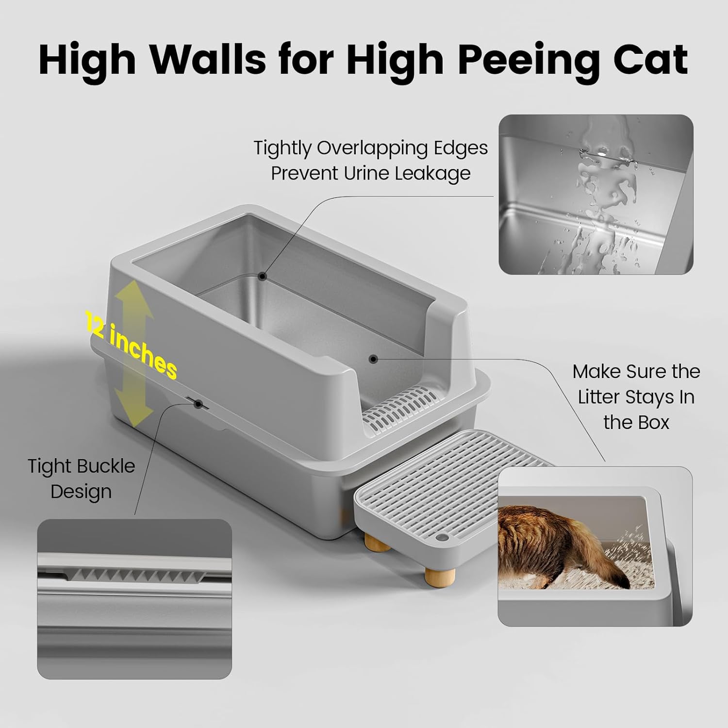 Stainless Steel Cat Litter Box - Enclosed Litter Box with Lid Extra Large XL Metal High Sided Litter Box for Big Cats, Easy Cleaning, Non-Sticky, Anti-Leakage, Included Spoon