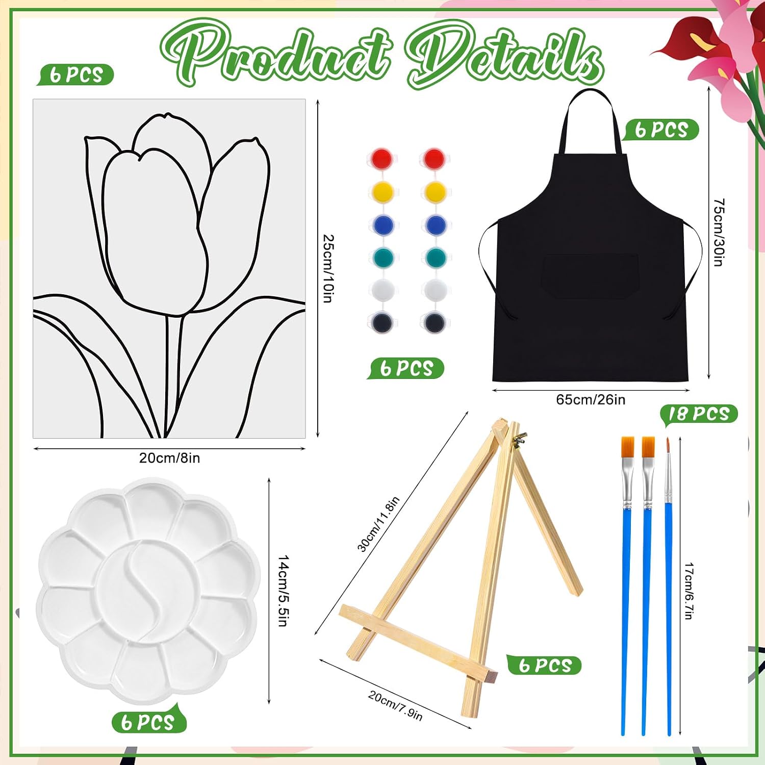 Motipuns 6 Set Pre Drawn Canvas for Painting for Adults Sip and Paint Kit with Easels 8 x 10 Inches Paint Party Kit with Printed Canvas Paints Brushes Palette Apron(Tulip) image 3