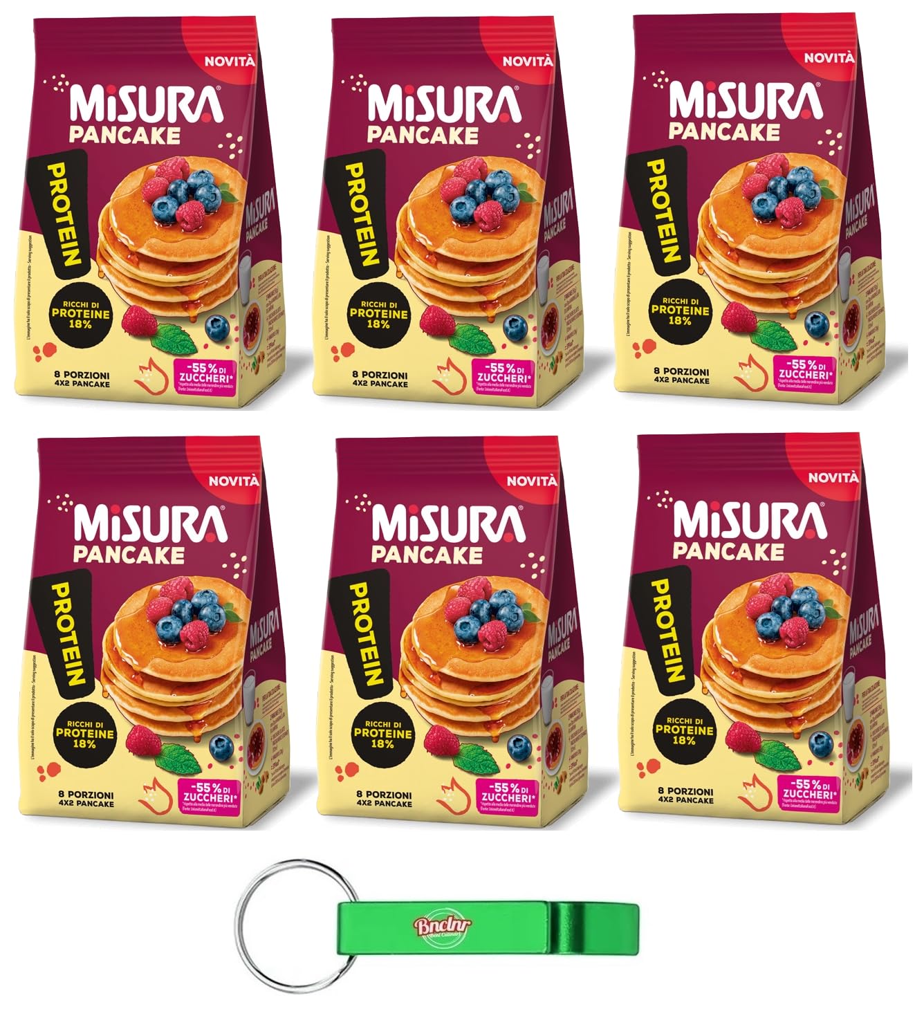 Misura Protein Pancakes,Pancake ricchi di proteine, 6 Confezioni da 200g, ogni confezione contiene 8 porzioni individuali, pronte da mangiare + Portachiavi Beni Culinari in Omaggio