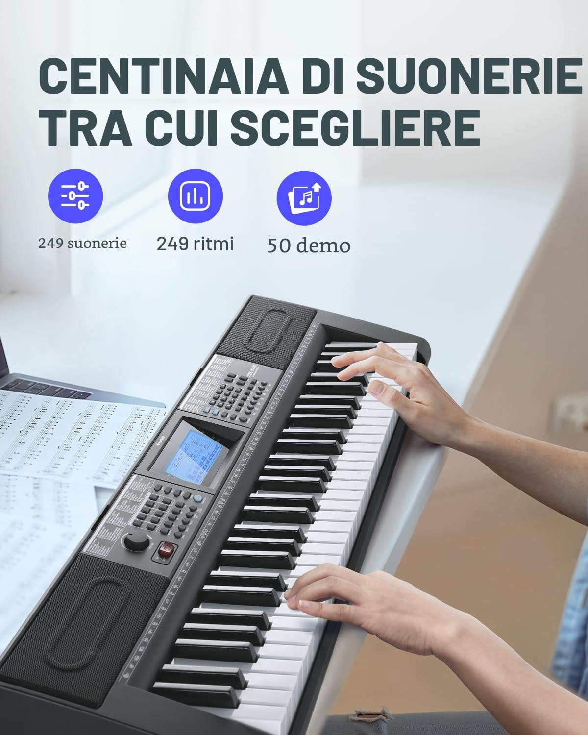 Donner DEK-610S Keyboard Piano 61 tasti tastiera elettrica 249 voci 249 ritmi supporto sgabello microfono nero