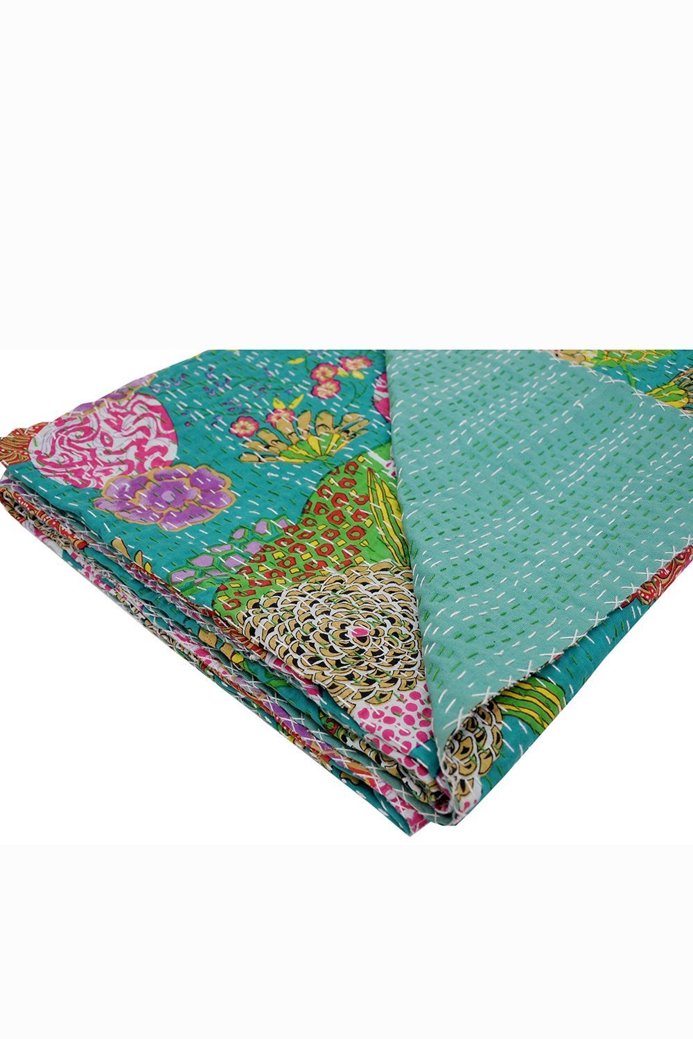 Sophia-Art Twin/King Indian Fruit Réversible Couvre-lit Motif Gudri Pur Coton Kantha Style Quilt Fleur Fruit Print Décoratif Kantha Stitch Quilt (Rama Green, Twin 60 * 90 inches)