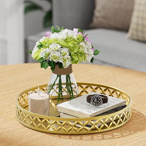 Miniatura 4 de EKNITEY Bandeja de tocador para mostrador de baño, maquillaje de perfume para tocadores, velas redondas doradas, almacenamiento decorativo,