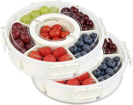 2 Packs Divided Serving Tray with Lid and Handle, Portable Round Snackle Box Container with 6 Compartments, Snack Bento Box for Party, Picnic, Travel, Beige
