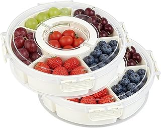 2 Packs Divided Serving Tray with Lid and Handle, Portable Round Snackle Box Container with 6 Compartments, Snack Bento Box for Party, Picnic, Travel, Beige